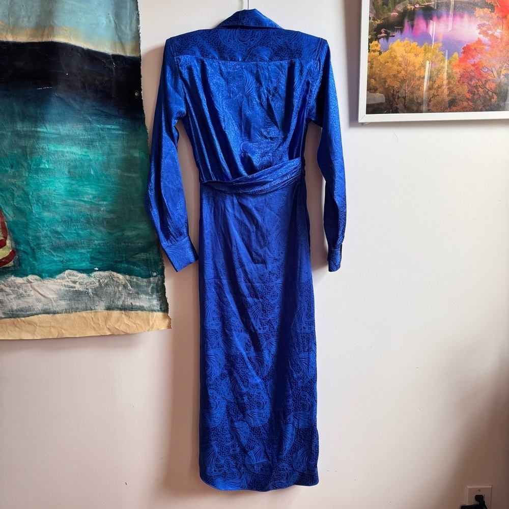 NWT RONNY KOBO Bernice Royal Blue Satin Midi Dress Long Sleeves Jacquard XS - Picture 3 of 4